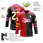 Custom Black White Red Pink-Yellow Split Fashion Hockey Lace Neck Jersey