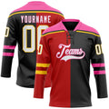 Custom Black White Red Pink-Yellow Split Fashion Hockey Lace Neck Jersey