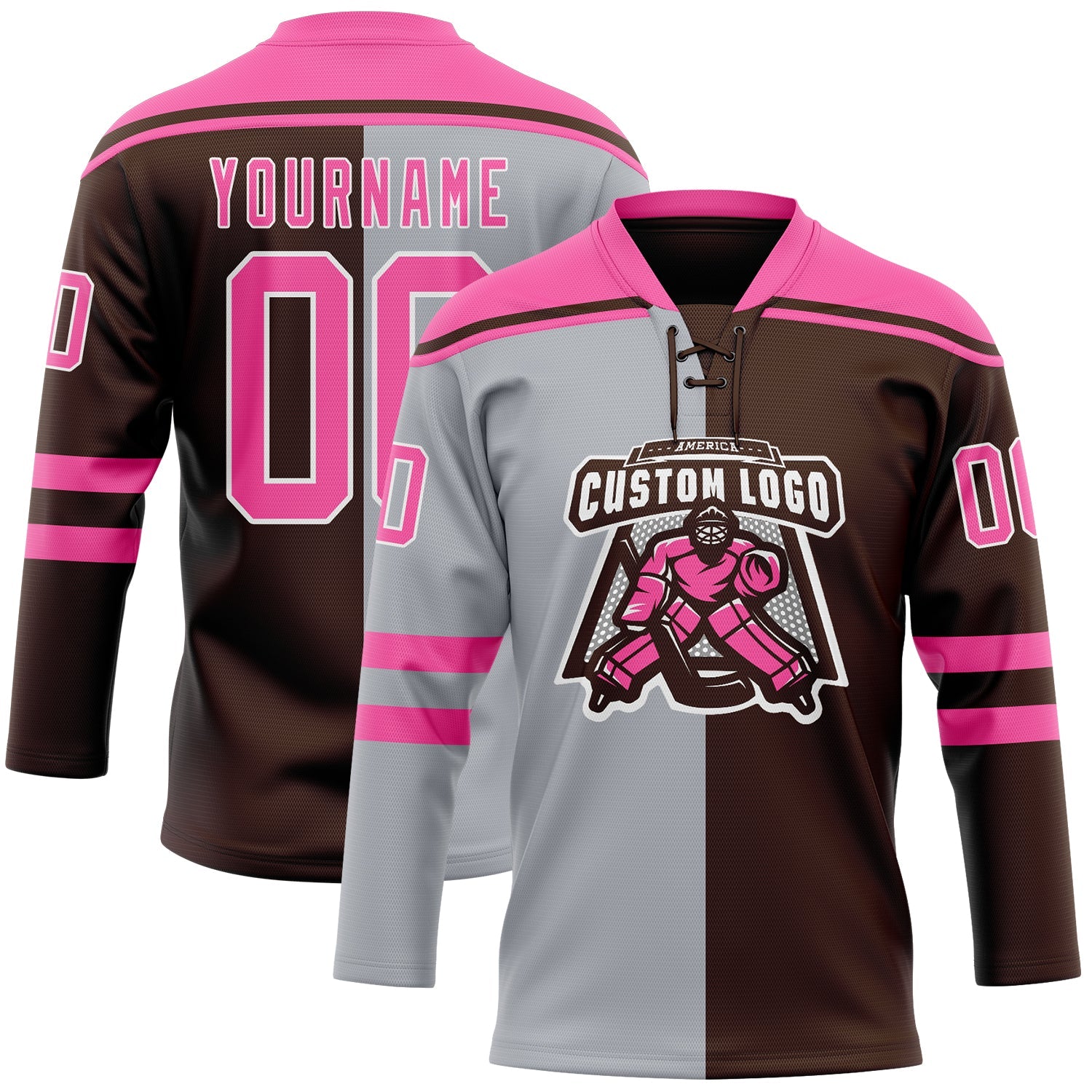 Custom Brown Pink Gray-White Split Fashion Hockey Lace Neck Jersey