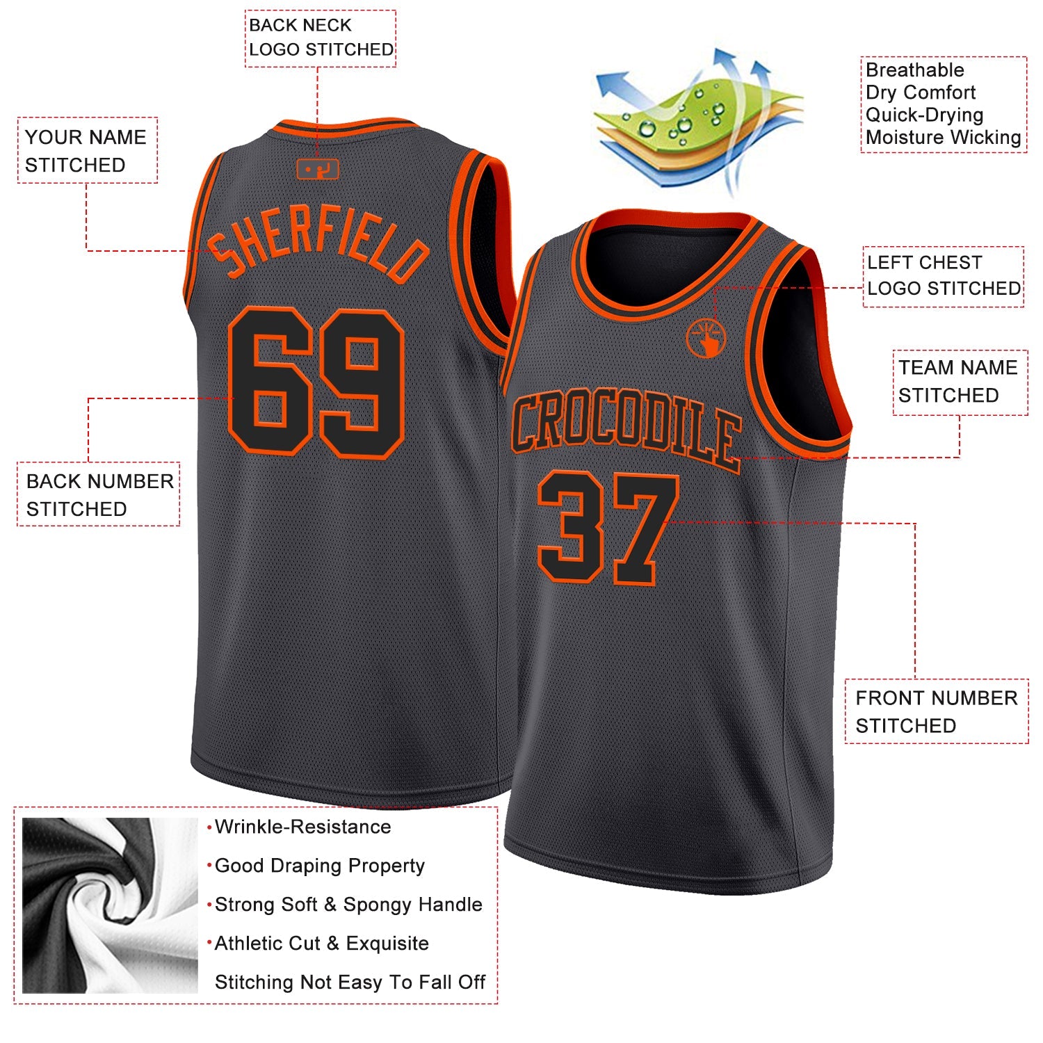 Custom Steel Gray Black-Orange Authentic Basketball Jersey