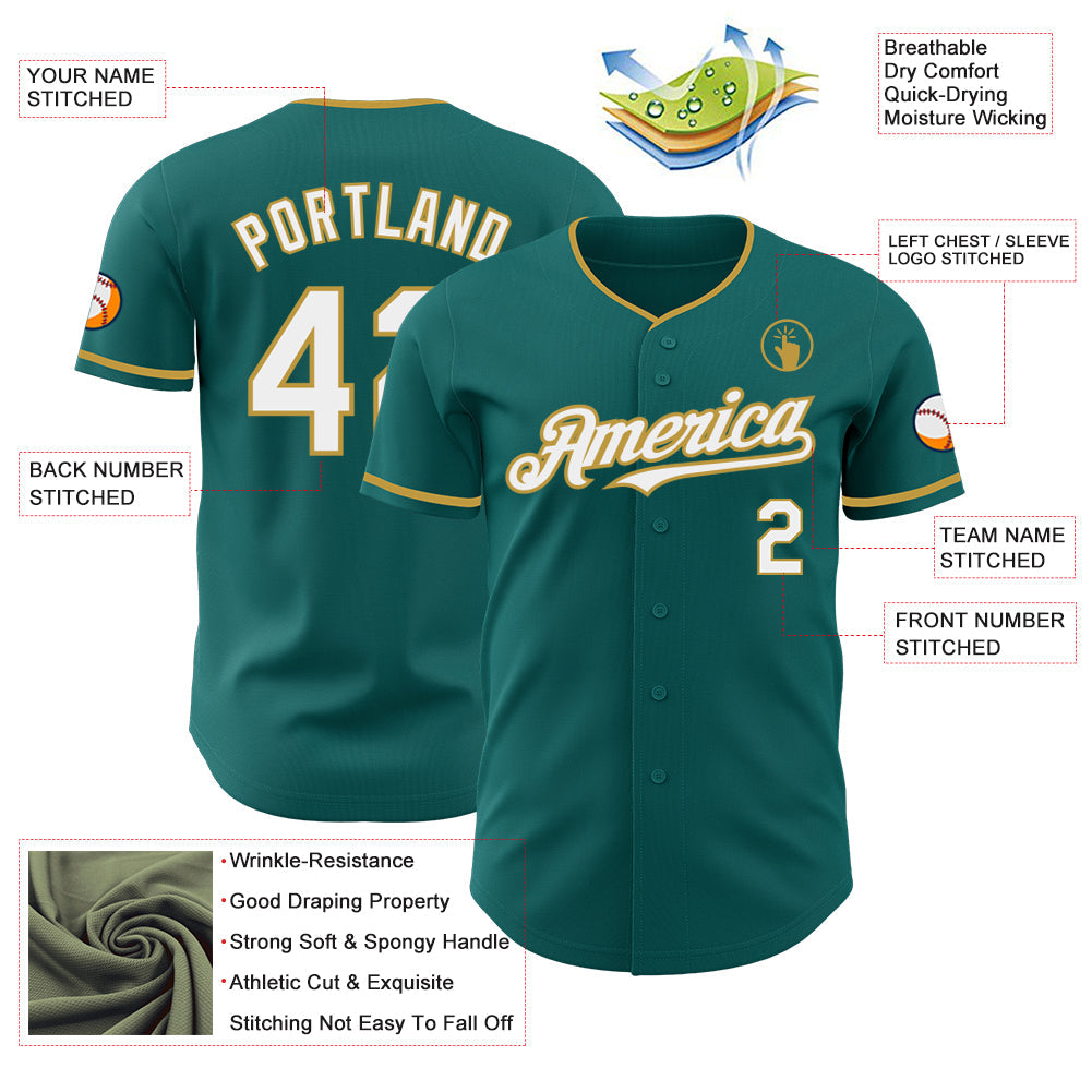 Custom Teal White-Old Gold Authentic Baseball Jersey