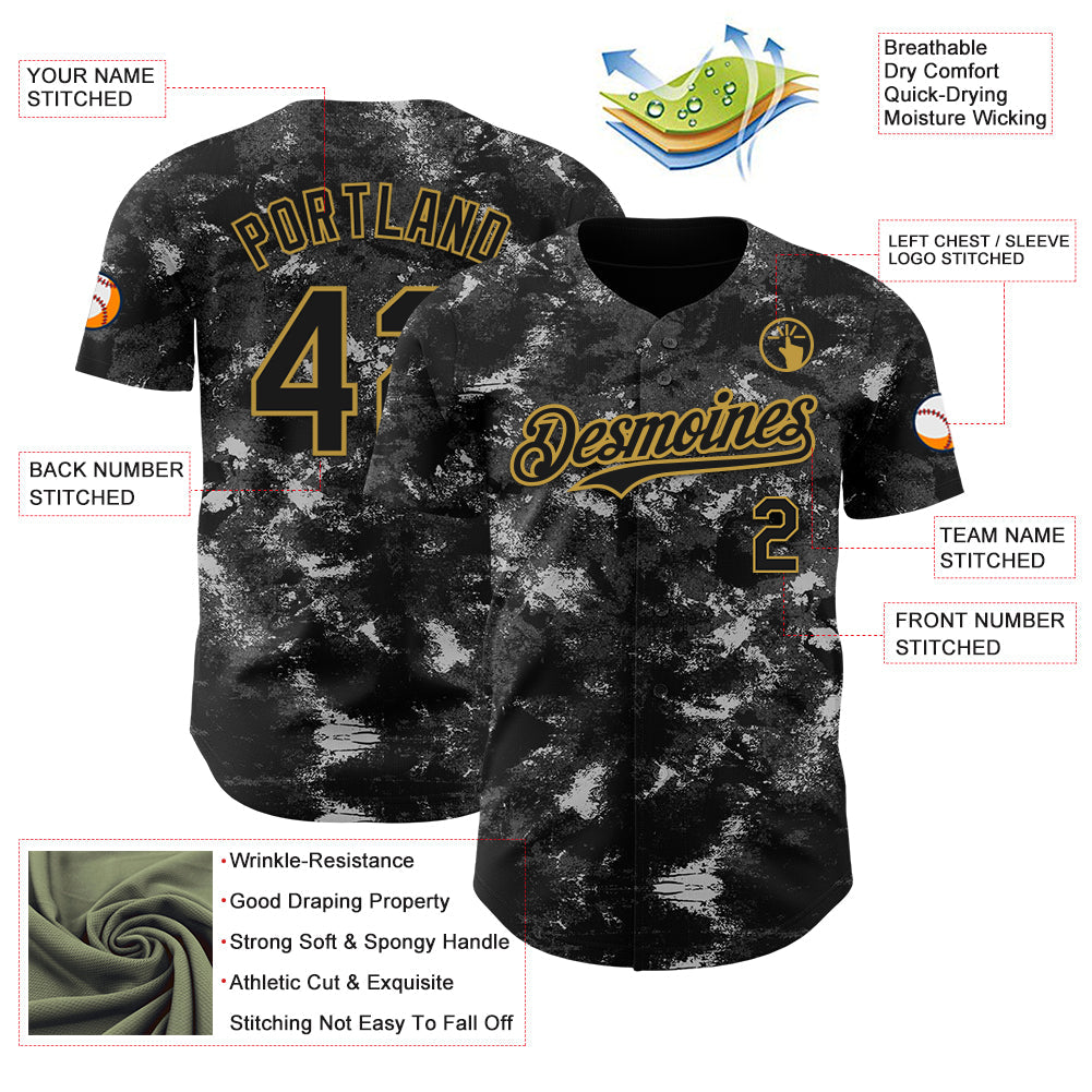 Custom Tie Dye Black-Old Gold 3D Authentic Baseball Jersey