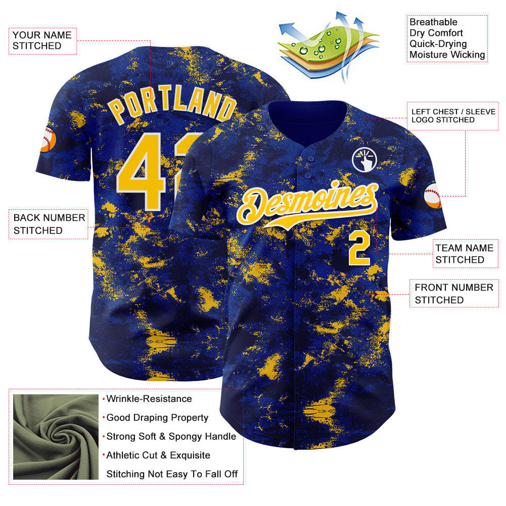 Custom Tie Dye Yellow-White 3D Authentic Baseball Jersey