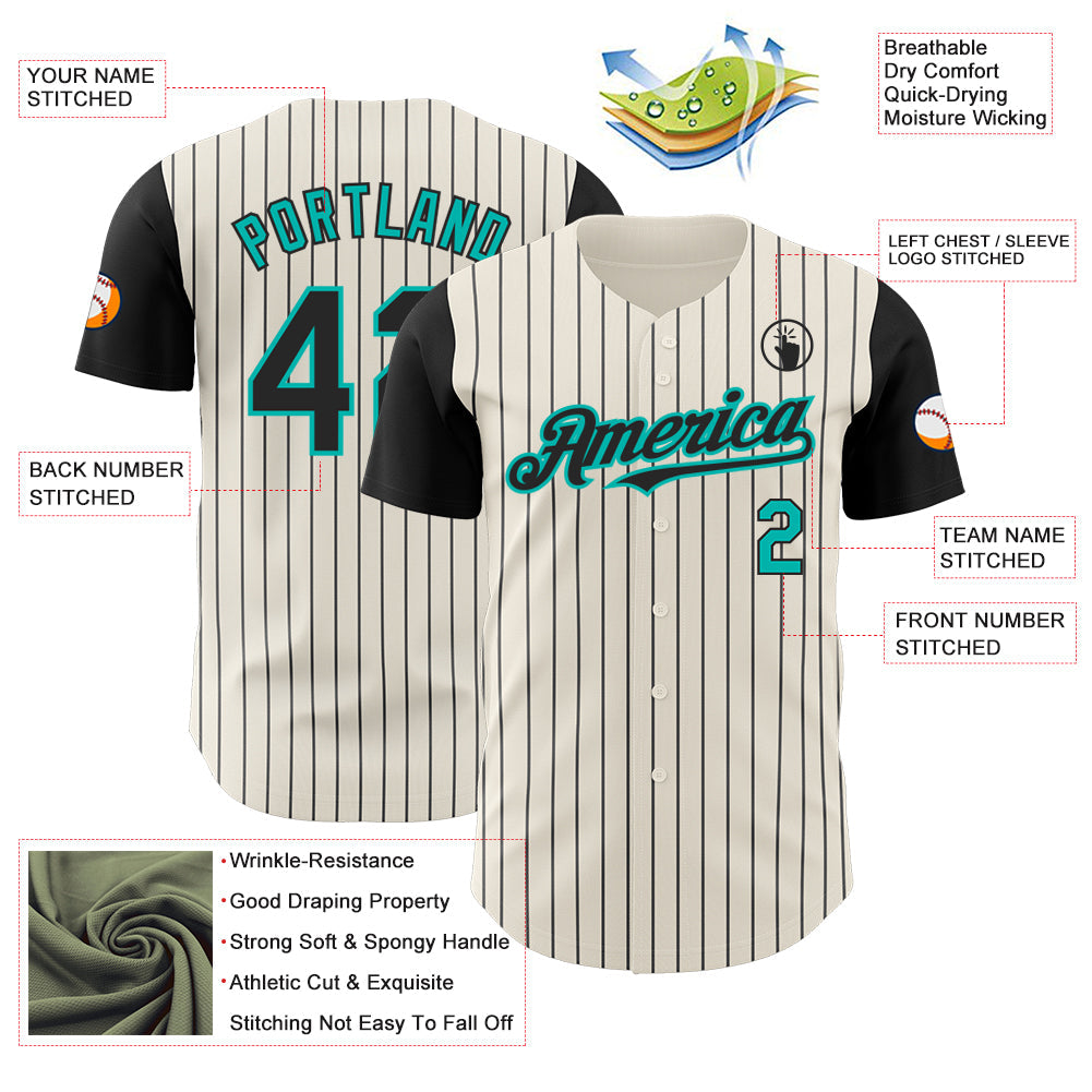 Custom Cream Black Pinstripe Aqua Authentic Two Tone Baseball Jersey