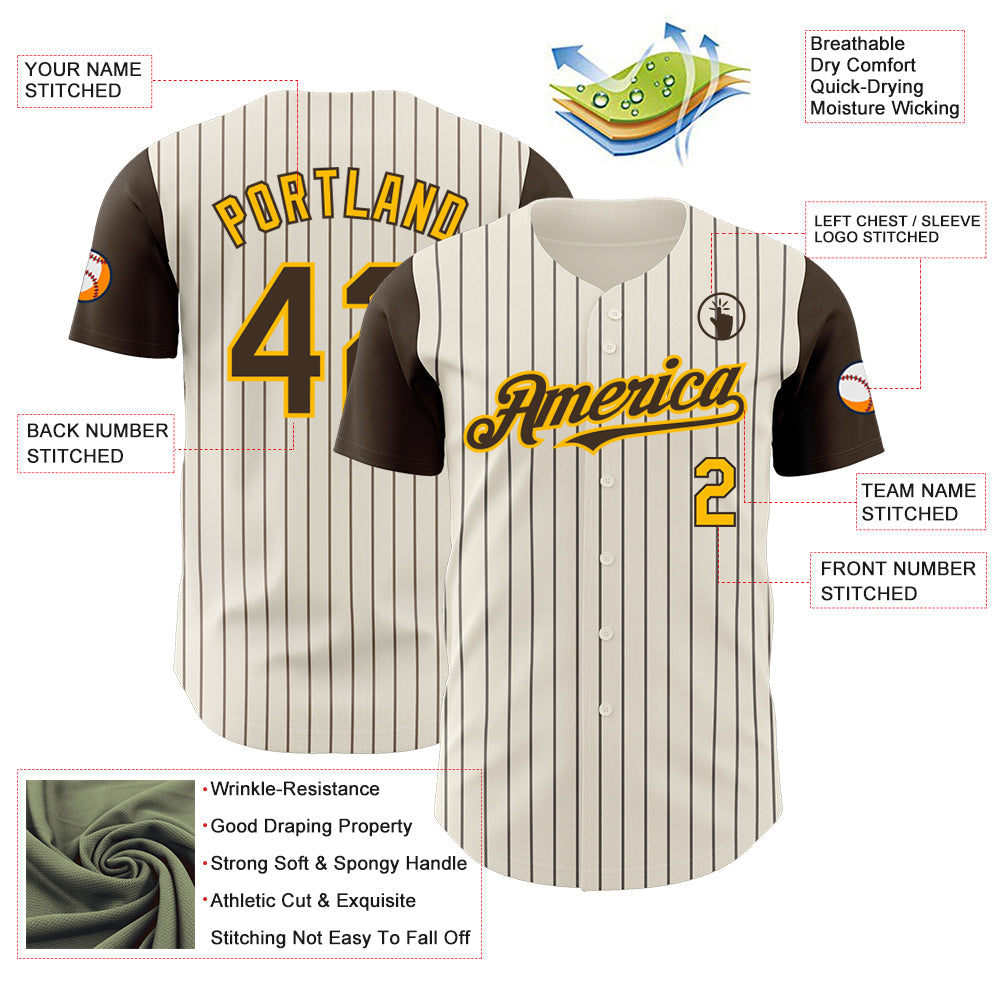 Custom Cream Brown Pinstripe Gold Authentic Two Tone Baseball Jersey