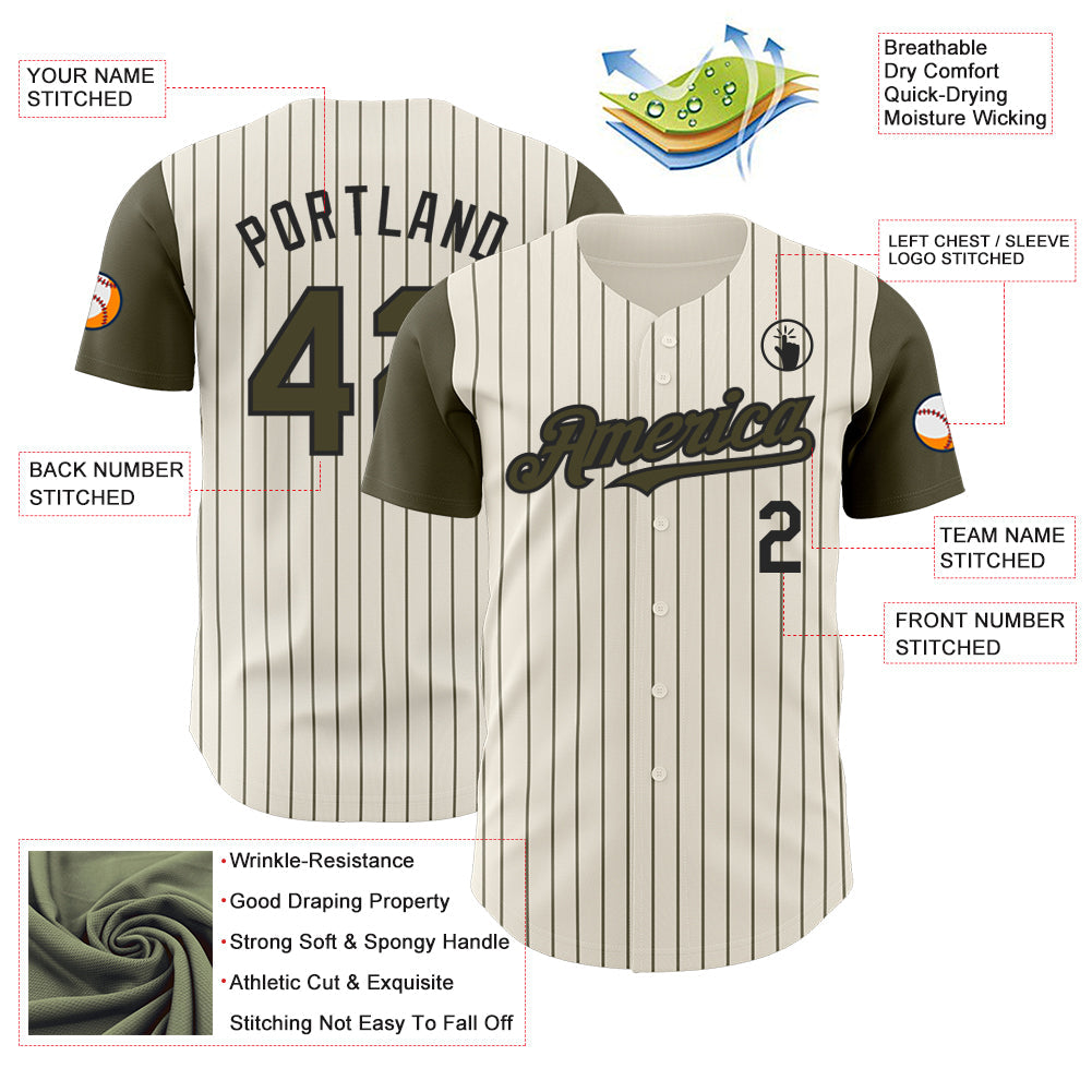 Custom Cream Olive Pinstripe Black Authentic Two Tone Baseball Jersey