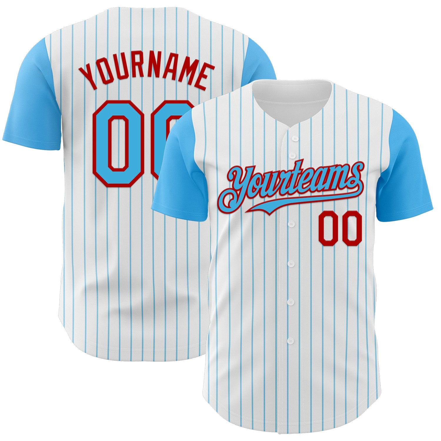 Custom White Sky Blue Pinstripe Red Authentic Two Tone Baseball Jersey