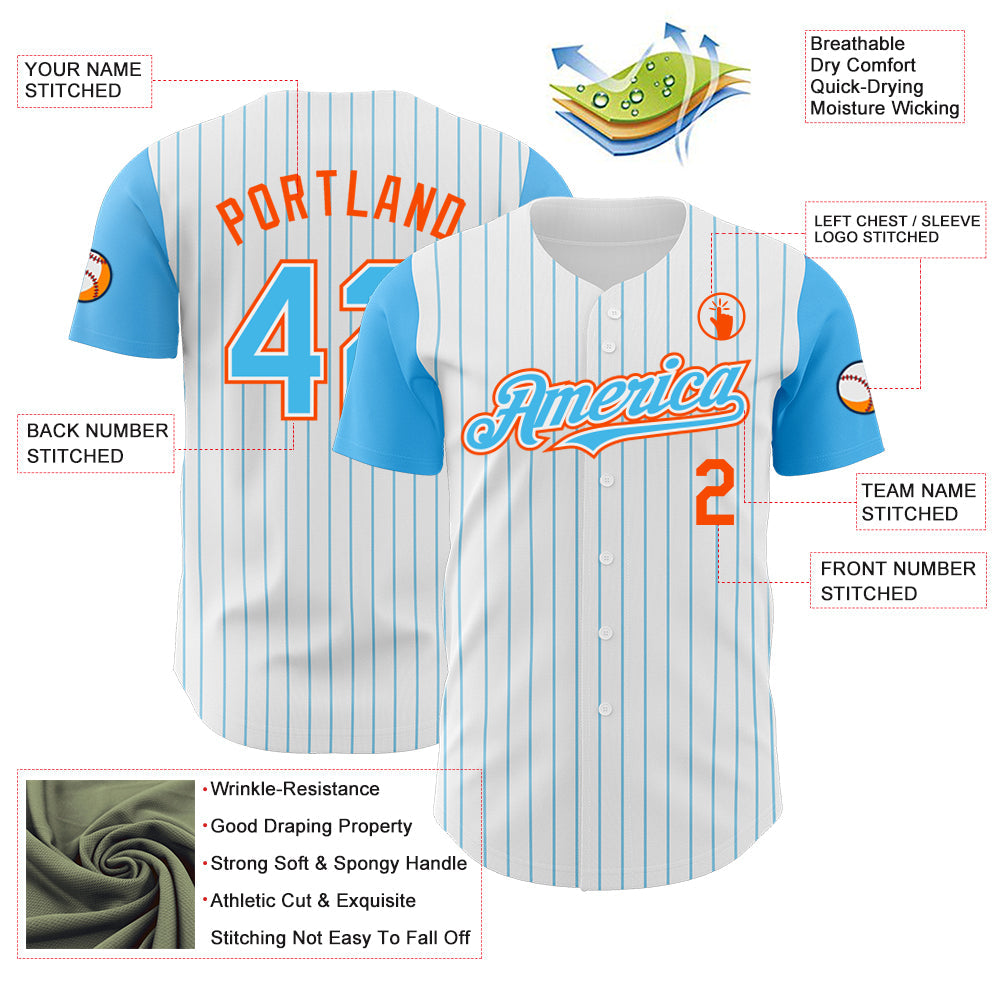 Custom White Sky Blue Pinstripe Orange Authentic Two Tone Baseball Jersey