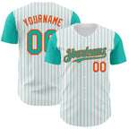 Custom White Aqua Pinstripe Orange Authentic Two Tone Baseball Jersey