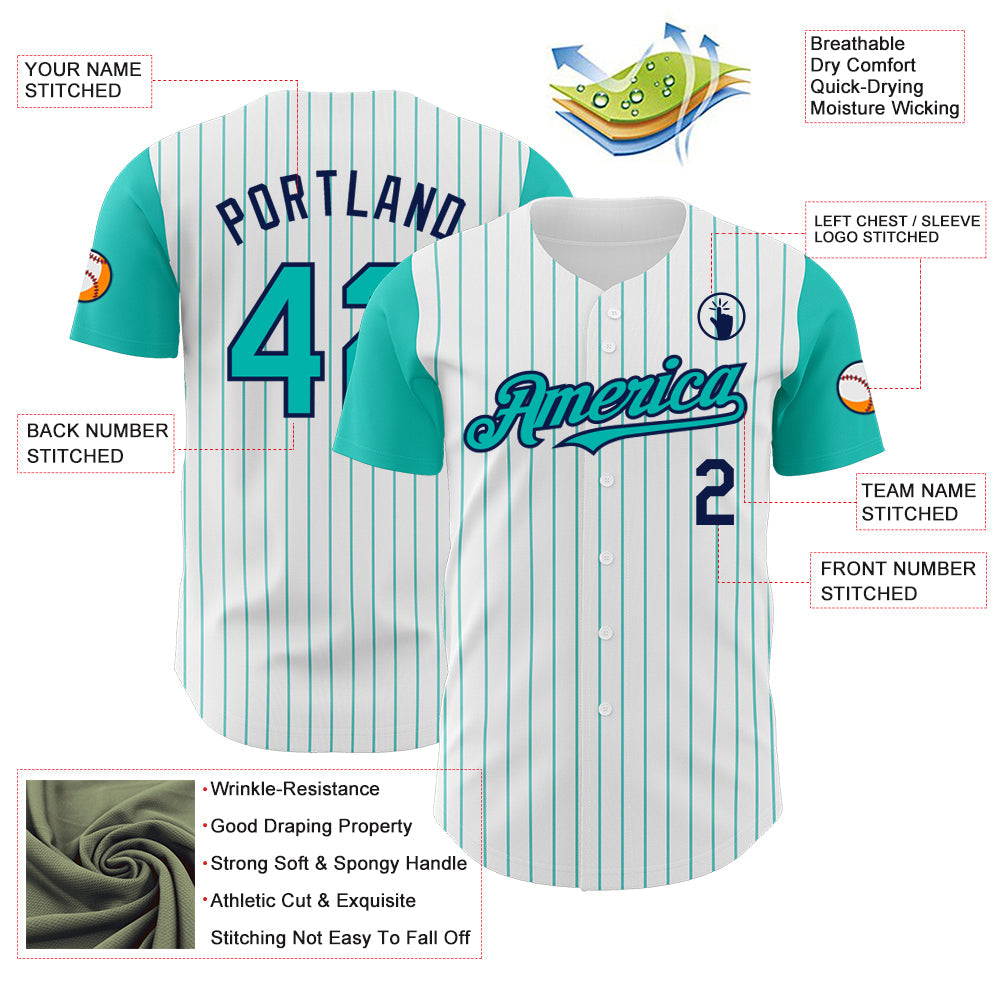 Custom White Aqua Pinstripe Navy Authentic Two Tone Baseball Jersey