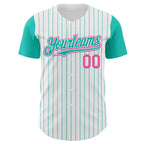 Custom White Aqua Pinstripe Pink Authentic Two Tone Baseball Jersey