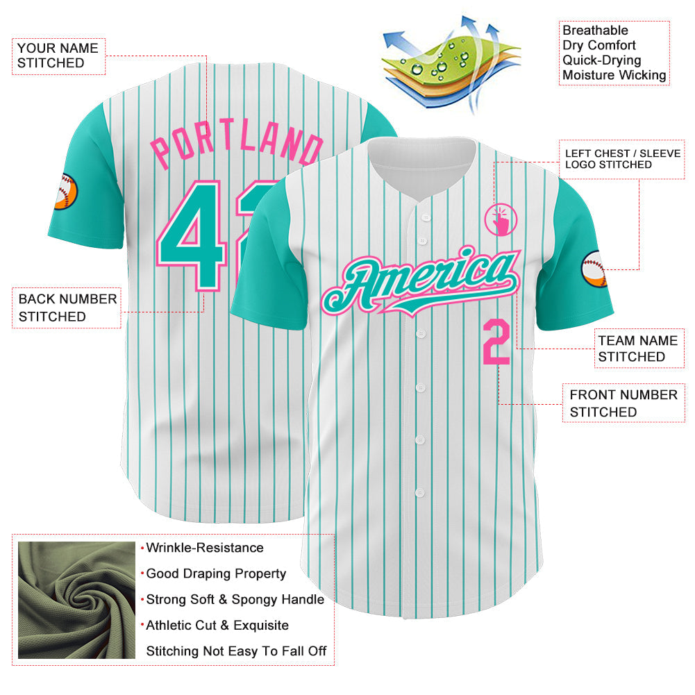 Custom White Aqua Pinstripe Pink Authentic Two Tone Baseball Jersey