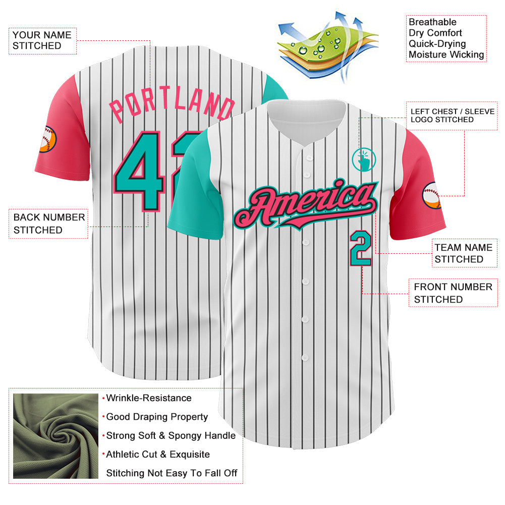 Custom White Black Pinstripe Aqua-Neon Pink Authentic Two Tone Baseball Jersey