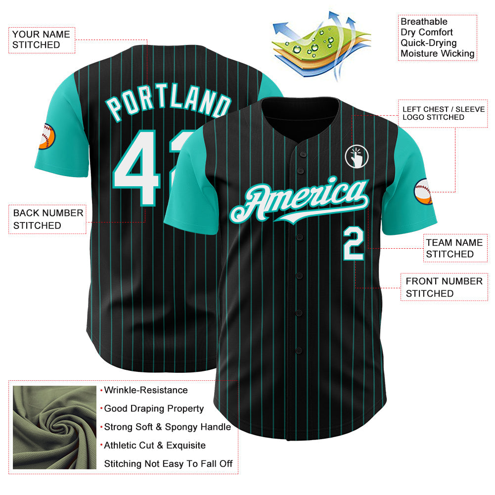 Custom Black Aqua Pinstripe White Authentic Two Tone Baseball Jersey