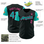 Custom Black Aqua Pinstripe Pink Authentic Two Tone Baseball Jersey