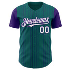 Custom Teal Purple Pinstripe White Authentic Two Tone Baseball Jersey