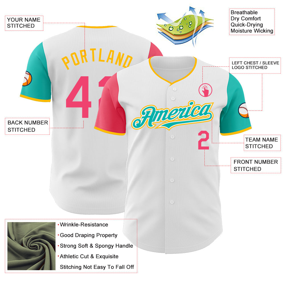 Custom White Neon Pink Aqua-Gold Authentic Two Tone Baseball Jersey