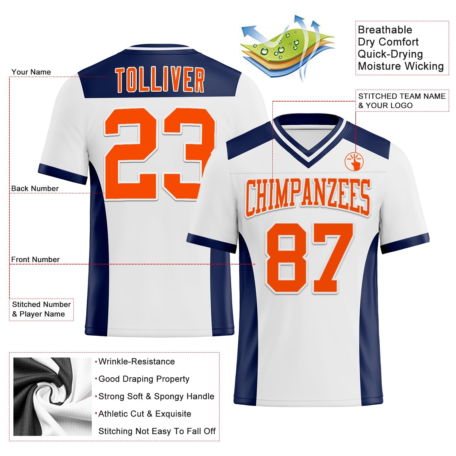 Custom White Orange-Navy Authentic Football Jersey