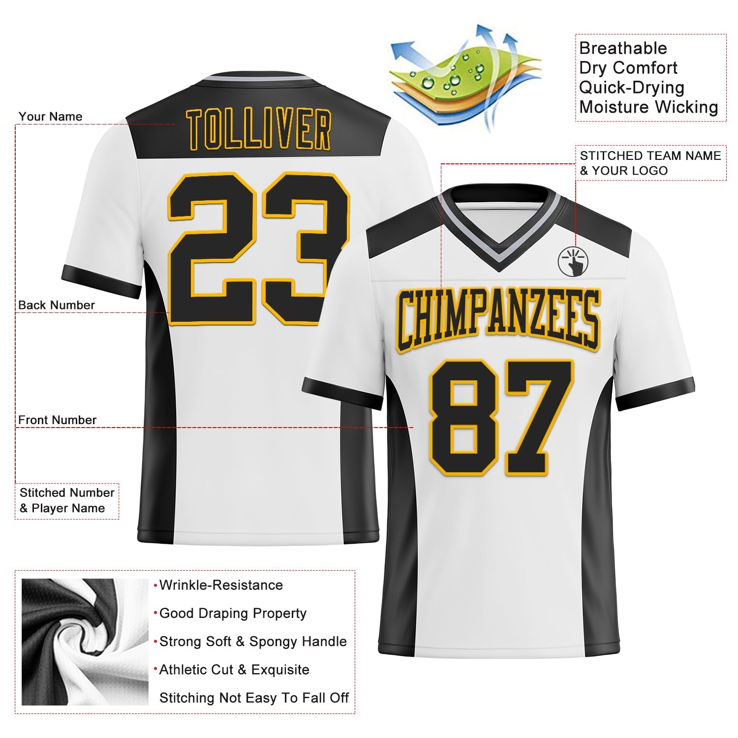 Custom White Black-Gold Authentic Football Jersey