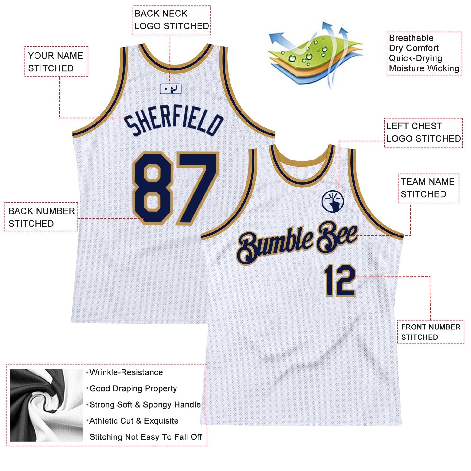Custom White Navy-Old Gold Authentic Throwback Basketball Jersey