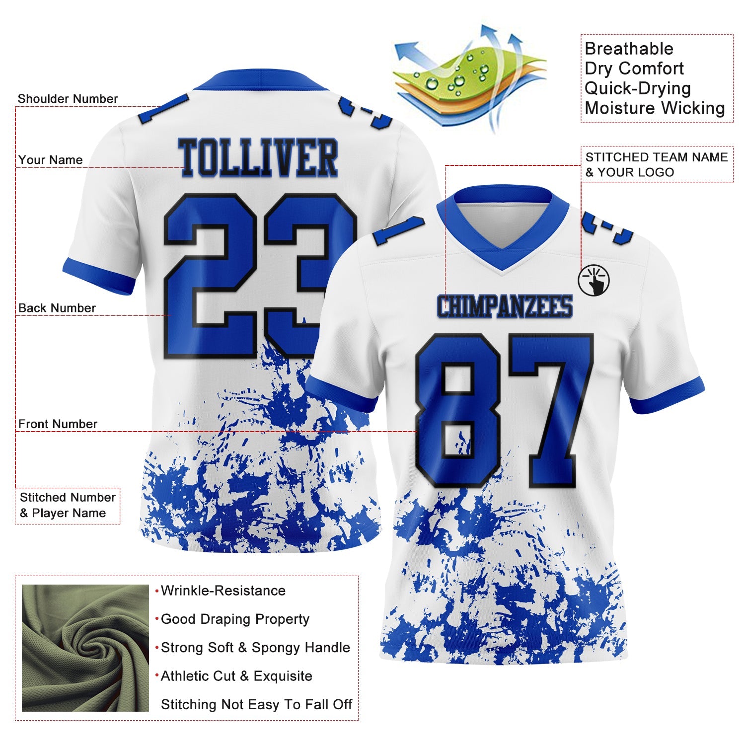 Custom White Thunder Blue-Black 3D Pattern Splash Authentic Football Jersey