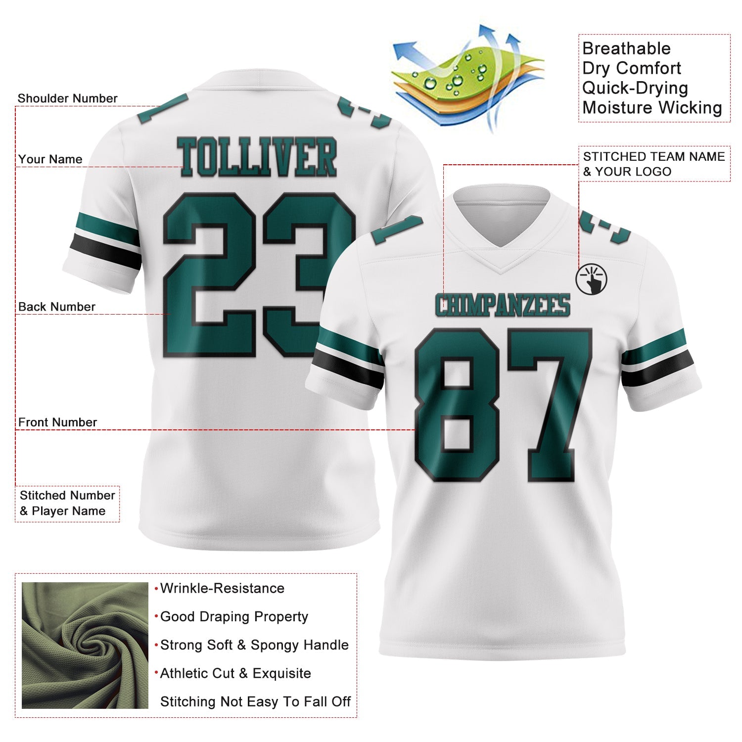 Custom White Midnight Green-Black Authentic Football Jersey