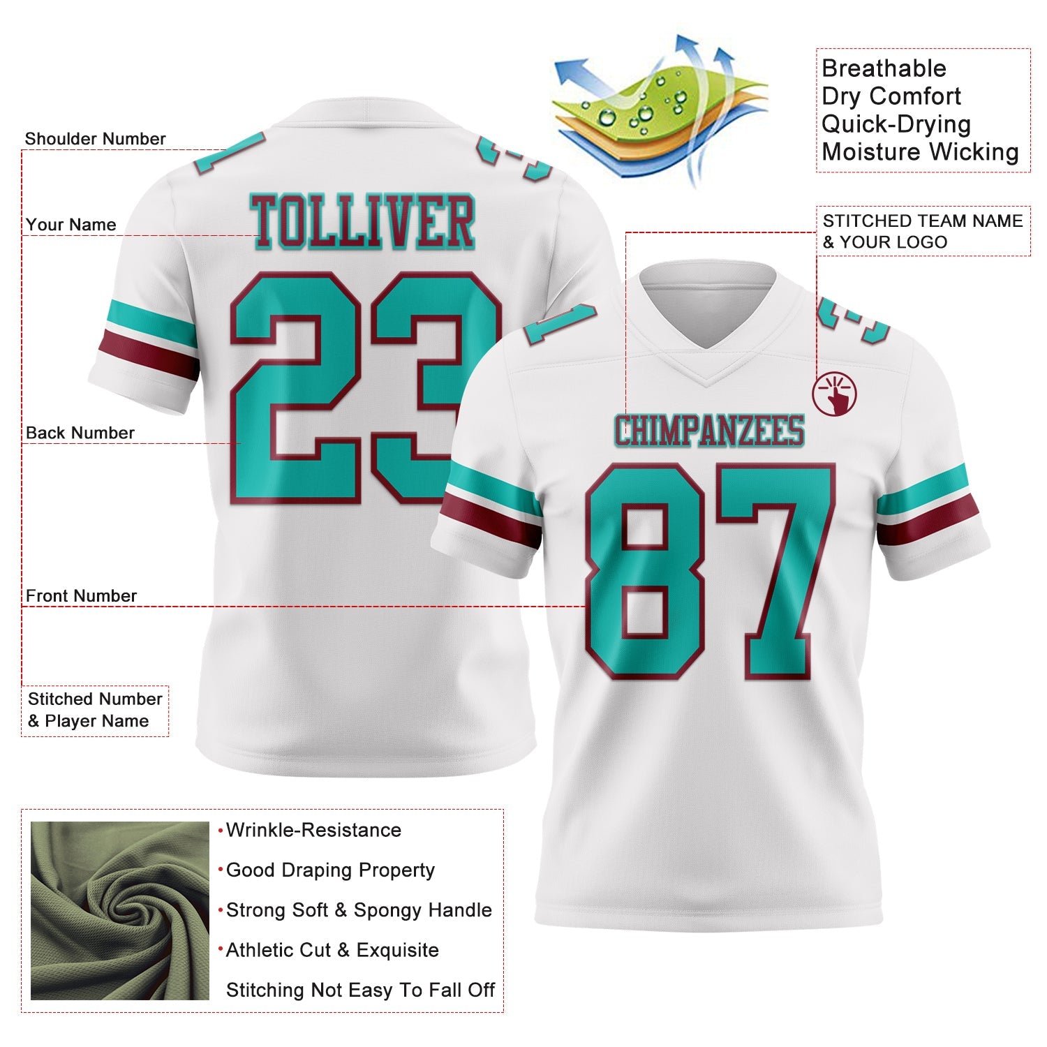 Custom White Aqua-Crimson Authentic Football Jersey