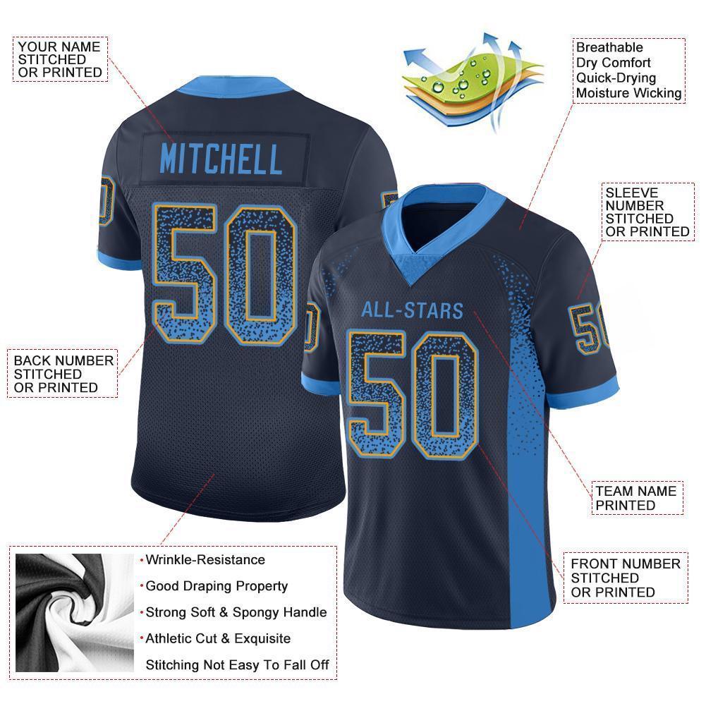 Custom Navy Powder Blue-Gold Drift Fashion Football Jersey