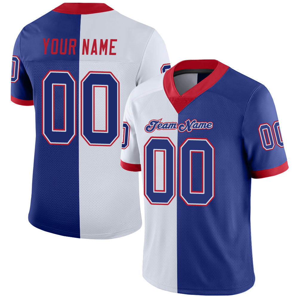 Custom White Royal-Scarlet Split Fashion Football Jersey