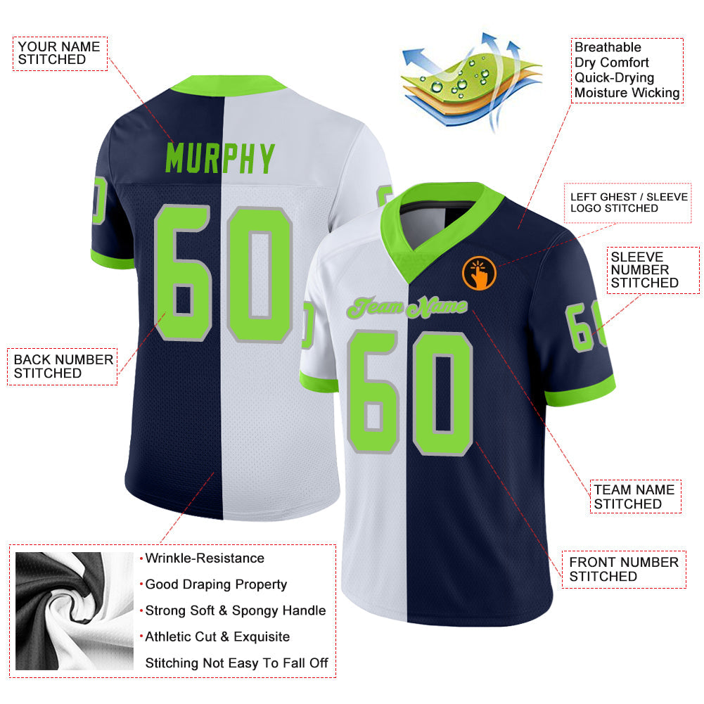 Custom Navy Neon Green-White Split Fashion Football Jersey