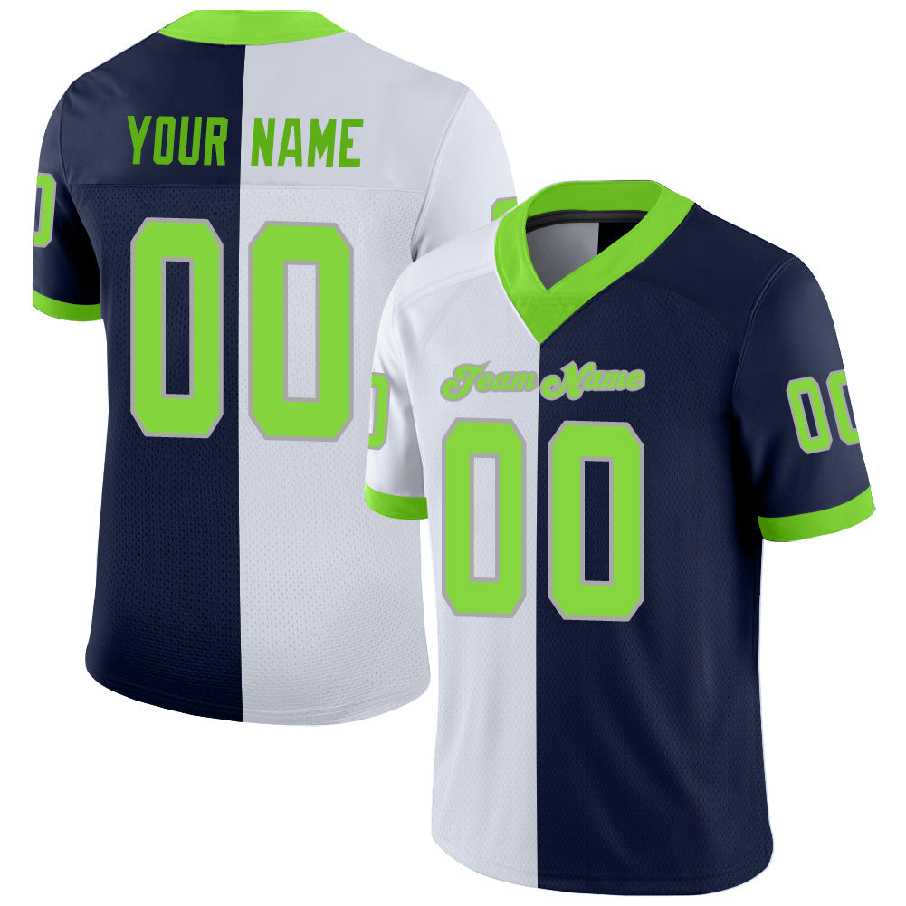 Custom Navy Neon Green-White Split Fashion Football Jersey